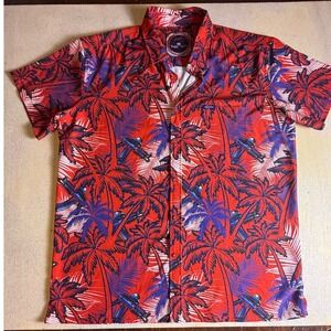 Retro Rifle Palm Tree Gun Print Button Up Shirt Red Blue Men's Size 2XL-977